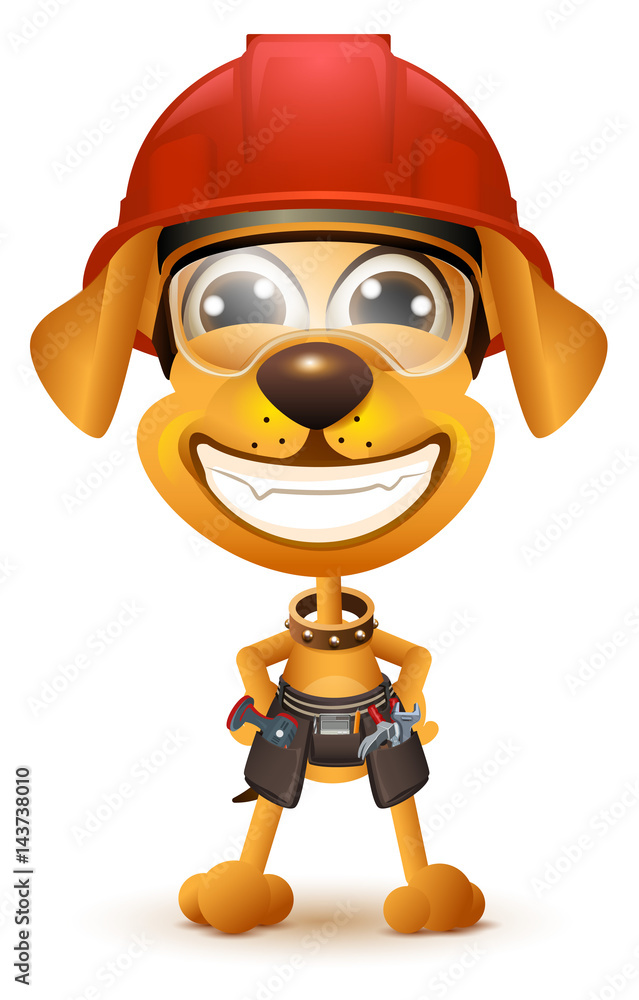 Labor day. Yellow dog builder in protective helmet smile Labor day. Yellow dog builder in protective helmet smile