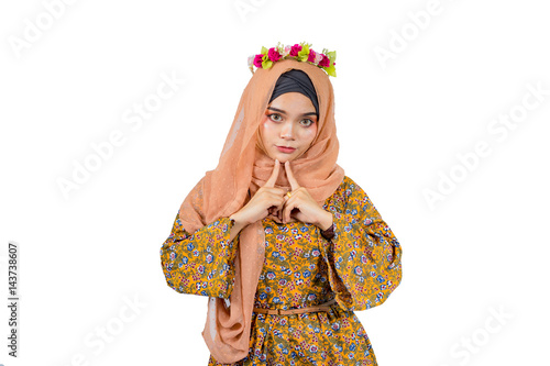 Fashion portrait of young beautiful muslim woman,Young asian muslim.,isolated on white background.