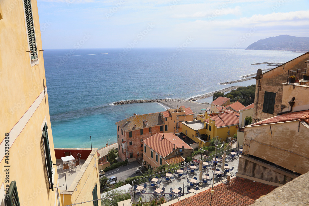 panoramic view of Cervo old town and the Mediterranean along the Italian Riviera , Italy