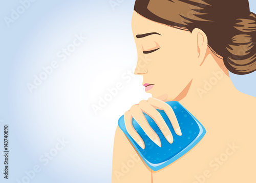 Cooling pack gel on shoulder of woman for relief of pain. Illustration about first aid equipment.