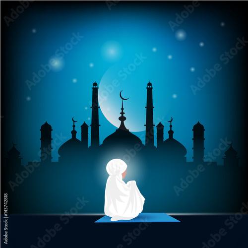 Traditionally clothed muslim woman making a supplication (salah) while standing on a praying rug against the backdrop of the mosque. illustration.