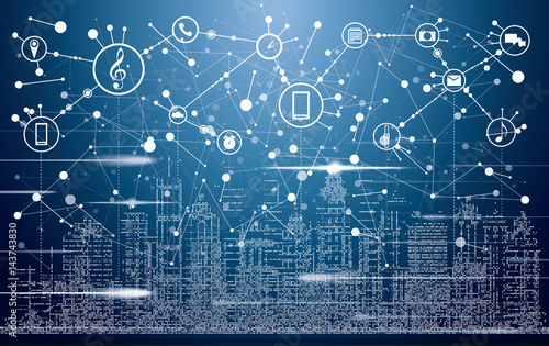 Smart City with Neon Buildings, Networks and Internet of Things Icons.