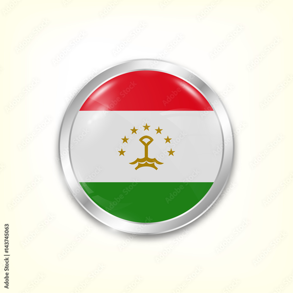 Round button national flag of Tajikistan with the reflection of light and shadow. Icon country. Realistic vector illustration.