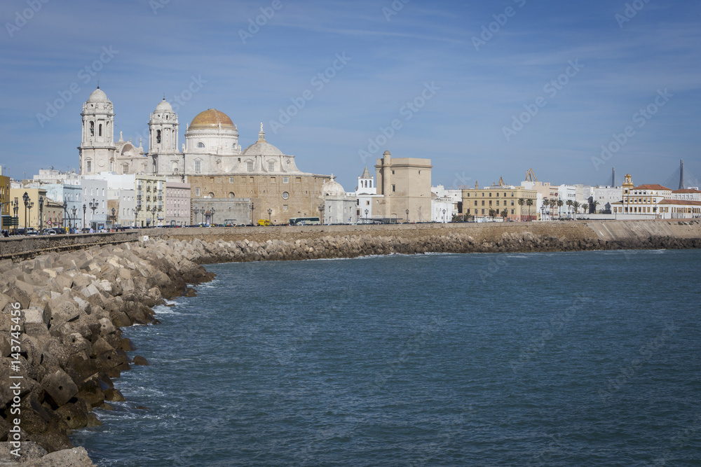 Panoramic view of the city on March, bordered by the Mediterranean sea and its Cathedral, called Catedral Nueva by locals, in the background