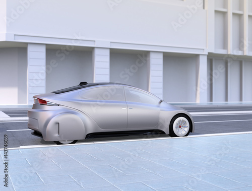 Silver autonomous car on the road. 3D rendering image. © chesky
