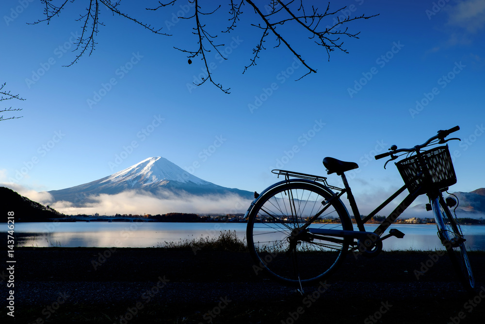 Silhouette of bicycle at Lake Kawaguchi Mt.Fuji ,japan