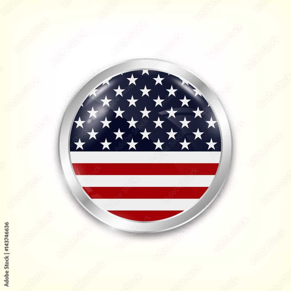 Round button national flag of USA with the reflection of light and shadow. Icon country. Realistic vector illustration. Round button national flag of USA with the reflection of light and shadow. Icon country. Realistic vector illustration.