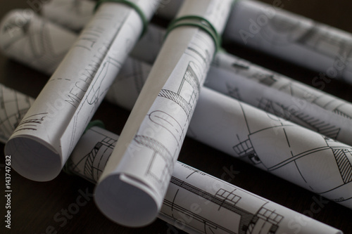 Engineering drawings on paper. Several drawings in a roll.