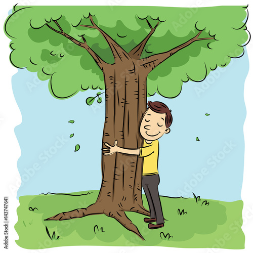 man hugging tree.