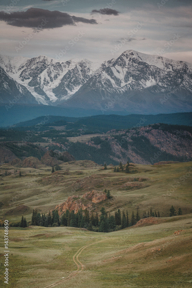 Beautiful mountain landscape of Altai with peaks and trees