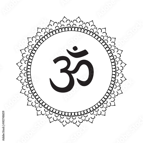 Mandala frame with Om symbol. Hand drawn oriental ornament for greeting card, invitation, coloring book, yoga poster.
