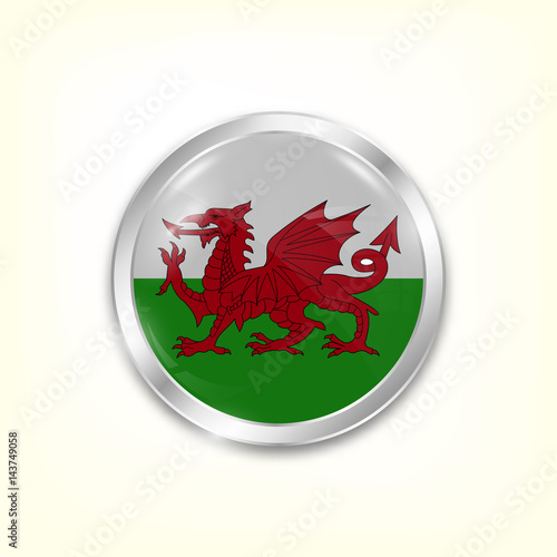 Round button national flag of Wales with the reflection of light and shadow. Icon country. Realistic vector illustration.
