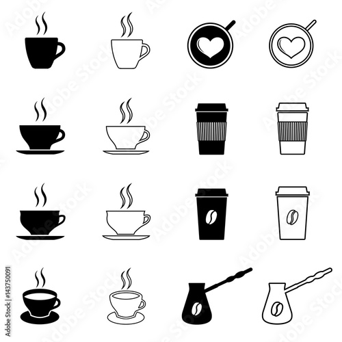 Set of coffee and tea icons. Coffee and tea traditional cups, disposable paper cups, Turkish coffee pot. Vector Illustration