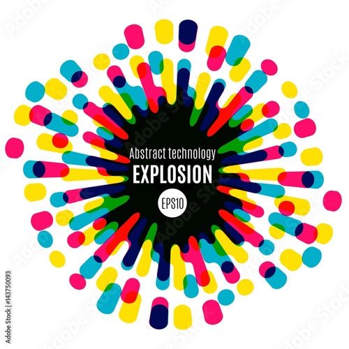 Modern colorful flat sun. Fun liquid circle explosion with drops and squirts. Vector illustration