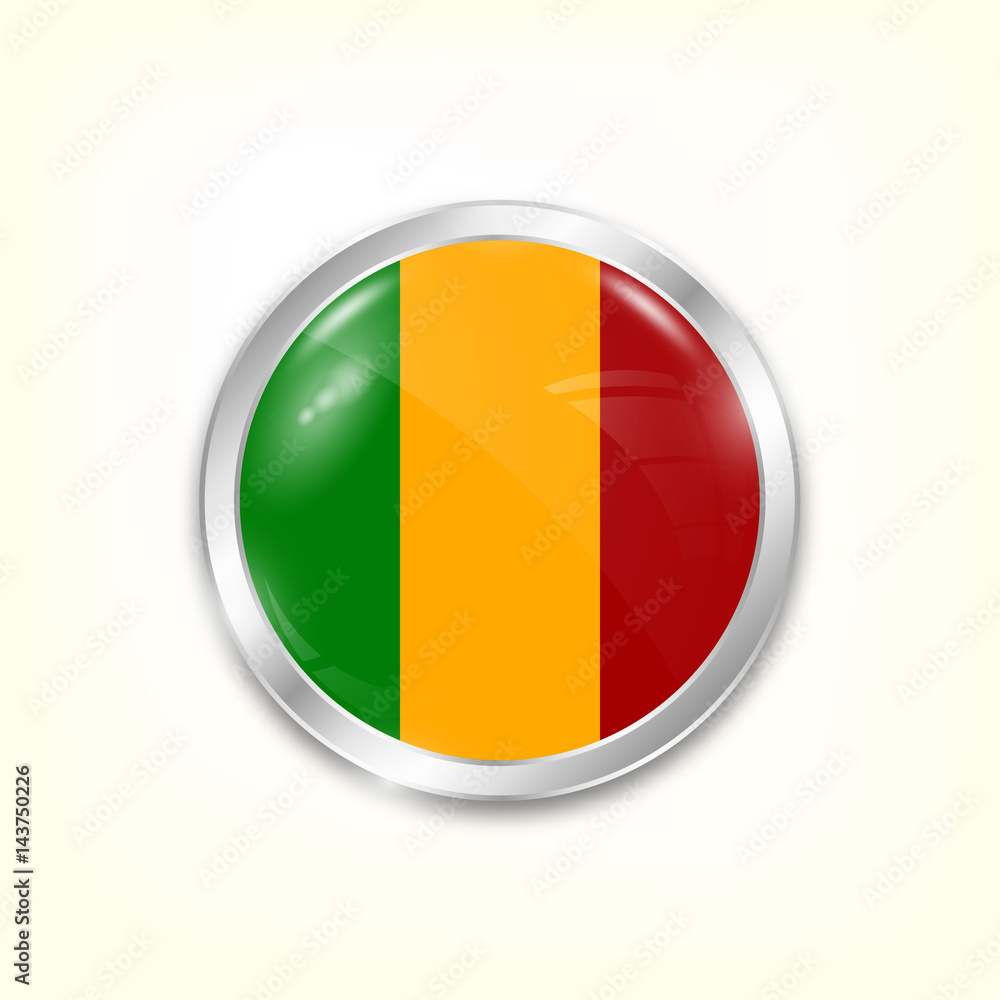 Round button national flag of Mali with the reflection of light and shadow. Icon country. Realistic vector illustration. Round button national flag of Mali with the reflection of light and shadow. Icon country. Realistic vector illustration.