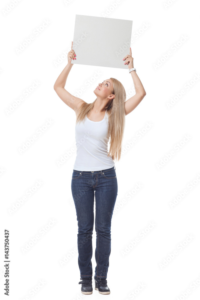 Beautiful blond girl holding blank poster Beautiful blond girl holding blank poster