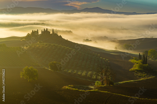 Fairytale, misty morning in the most picturesque part of Tuscany, val de orcia valleys