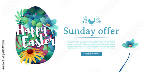 Design template banner for Happy Easter.  Silhouettes of egg with floral, herb, plant decoration. Horizontal card with logo for spring happy easter offer. Vector