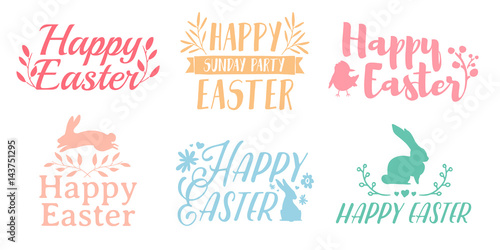 Set pastel color logo for Easter. Badges for the spring holiday of Easter. The design of label with a decor of flower  plant and rabbit. Vector.