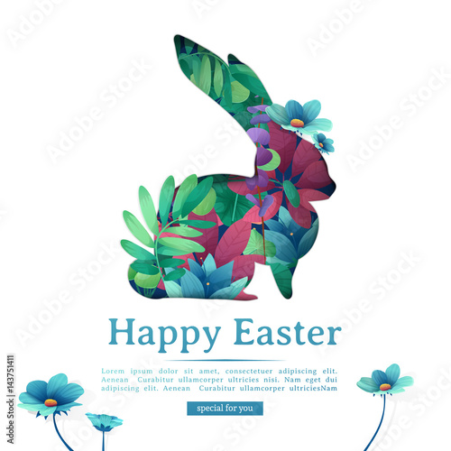 Design template banner for Happy Easter.   Silhouettes of rabbit with floral, herb, plant decoration. Square card with logo for spring happy easter offer. Vector
