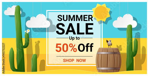 Summer sale background with cactus in desert , vector , illustration