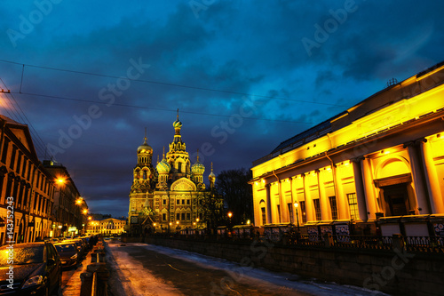 Church on Spilled Blood with dark sky in Saint Petersburg, Russia