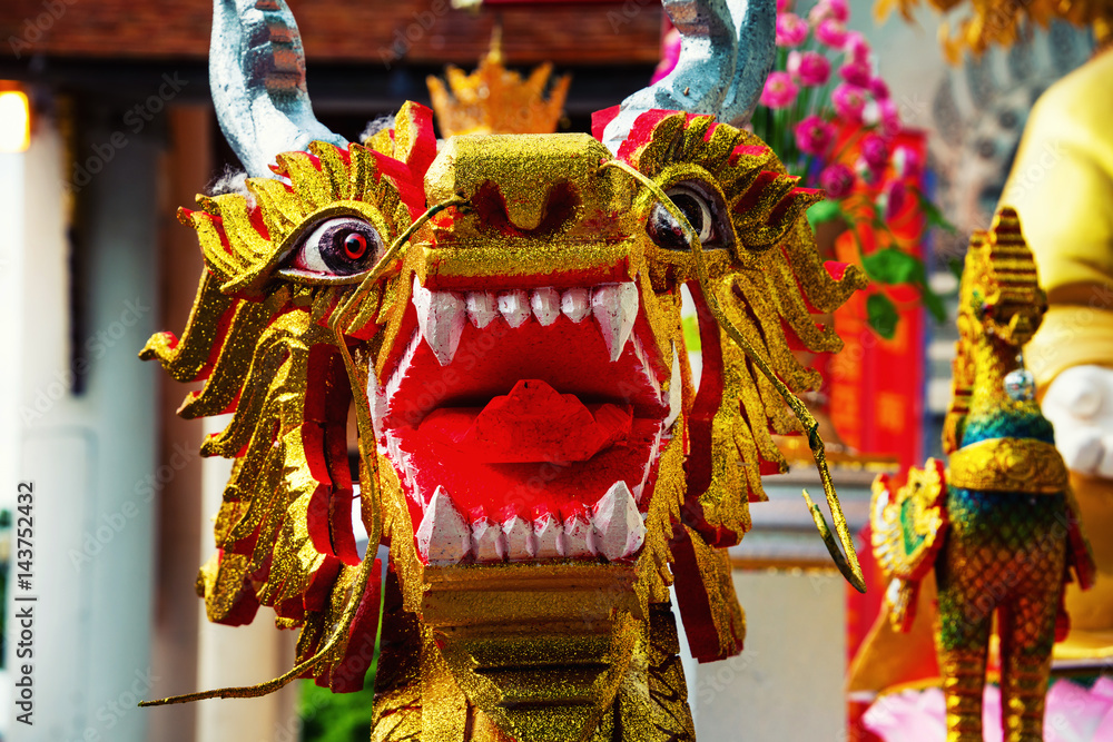 Chiang Mai, Thailand. Dragon sculpture of Wat Chedi Luang Temple