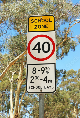 40 speed school zone sign with blurred background