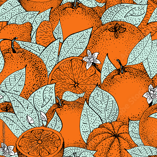 Seamless pattern of hand drawn oranges and slices in sketch style. Vector illustration