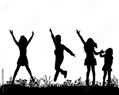 Illustration  vector  silhouette of children jumping on grass