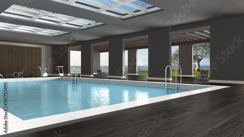 Swimming pool interior design, indoors with big panoramic windows and sea landscape © ArchiVIZ