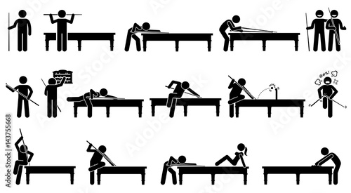 Professional snooker player playing on the table. Artworks depicts the positions and postures of playing snooker.