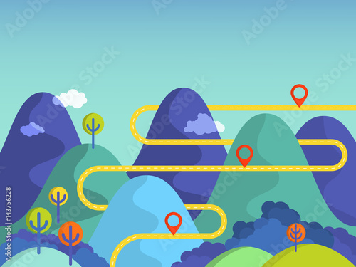 Road trip in mountains. Flat infographic background. Winding road with pinpointers. Vector EPS 10