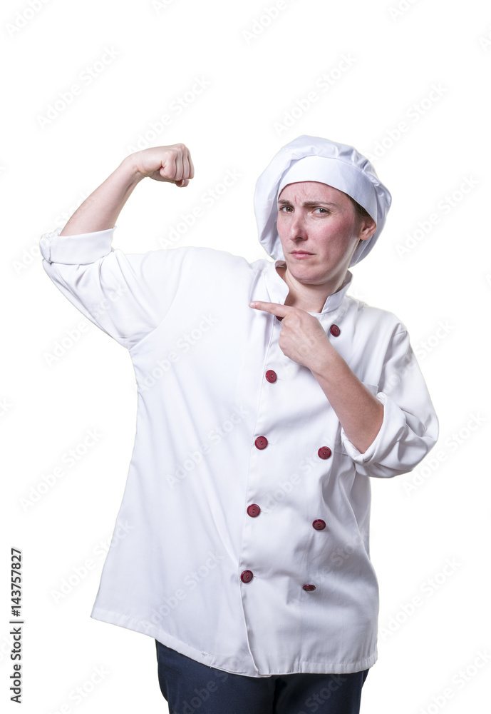 Strong young woman chef with her arm up Strong young woman chef with her arm up