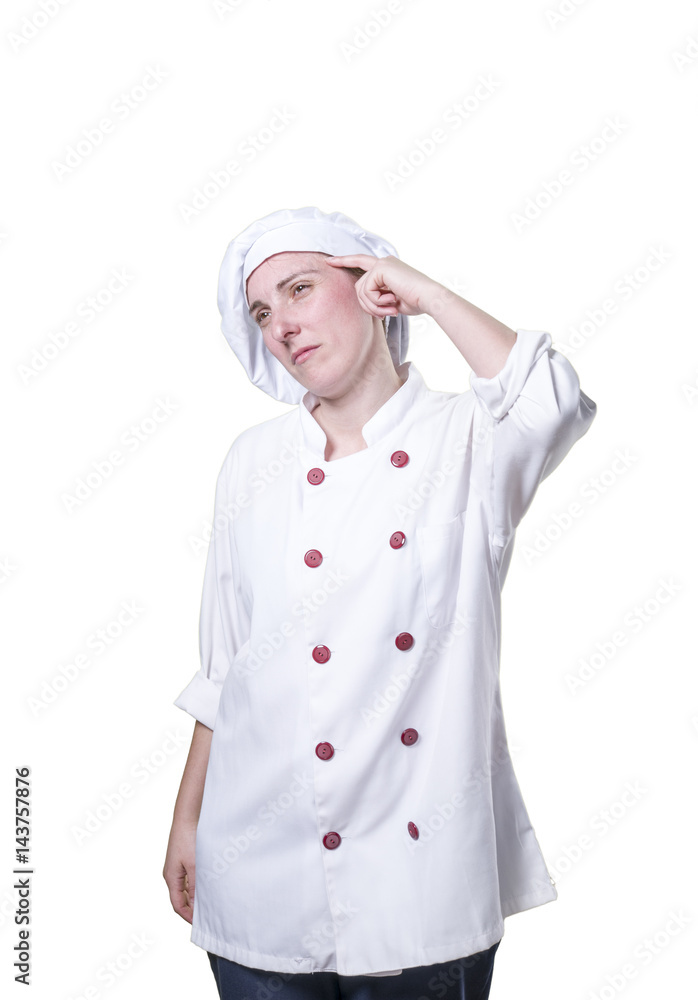 Young woman chef is thinking about something Young woman chef is thinking about something