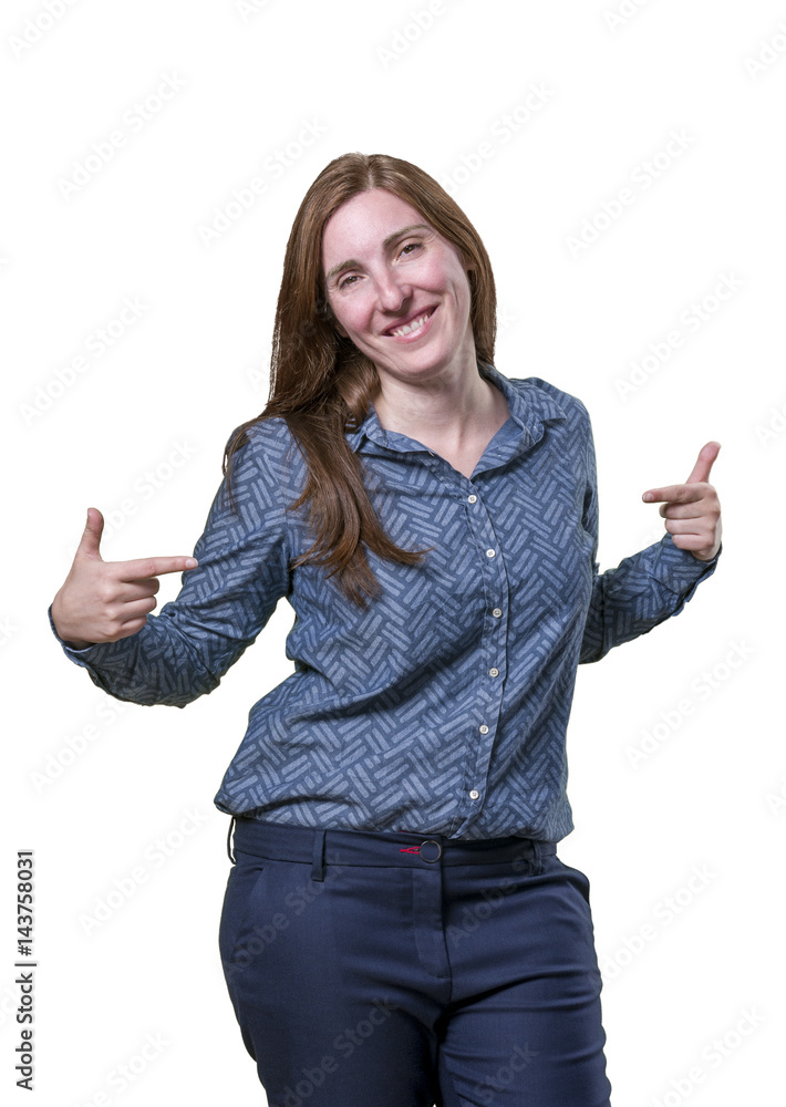 Pretty business woman pointing herself over white background Pretty business woman pointing herself over white background