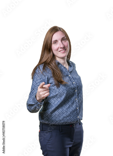 Pretty business woman presenting something over white background.