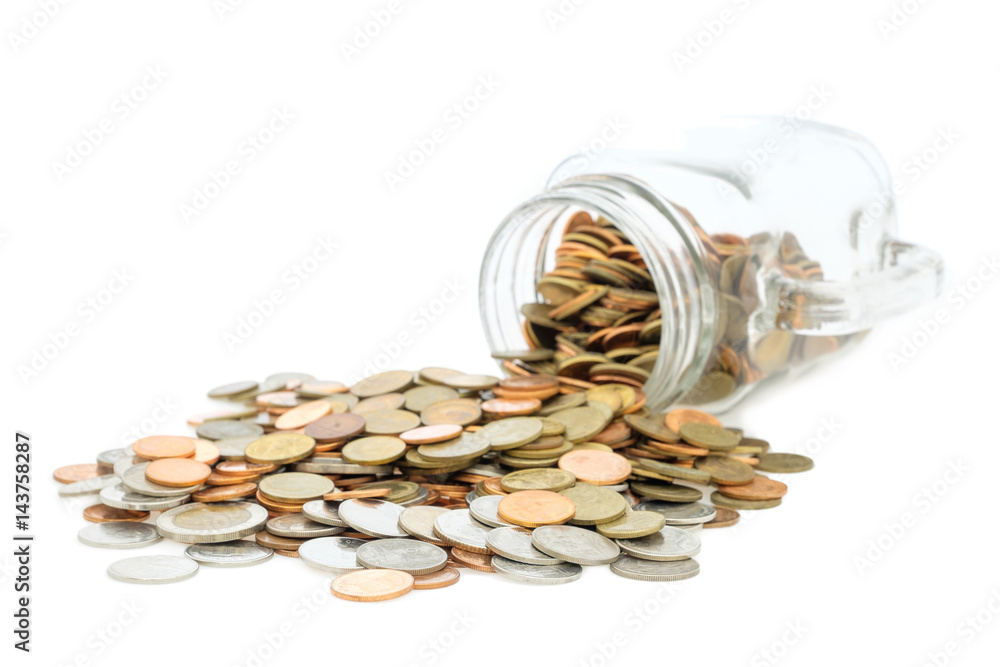 Thai Coins in glass isolated on white background. Thai Coins in glass isolated on white background.