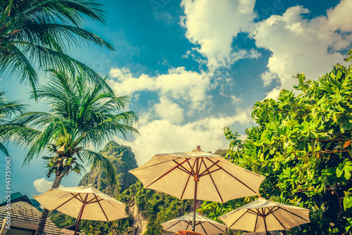 Obraz na płótnie Coconut palm trees and limestone rocks at sunny day at blue sky with clouds. Beautifull sea sunset nature background. Travel concept. Photo from Railay Beach, Krabi, Thailand. Vintage filter. w salonie