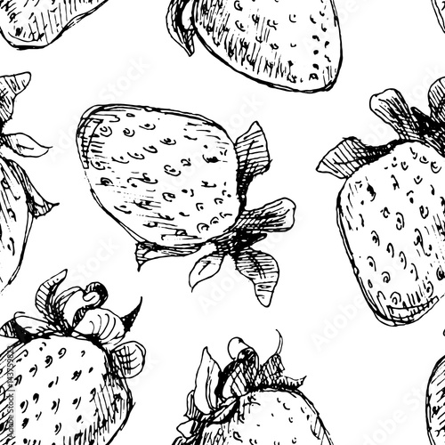 Seamless background of strawberry drawn with pen and ink.