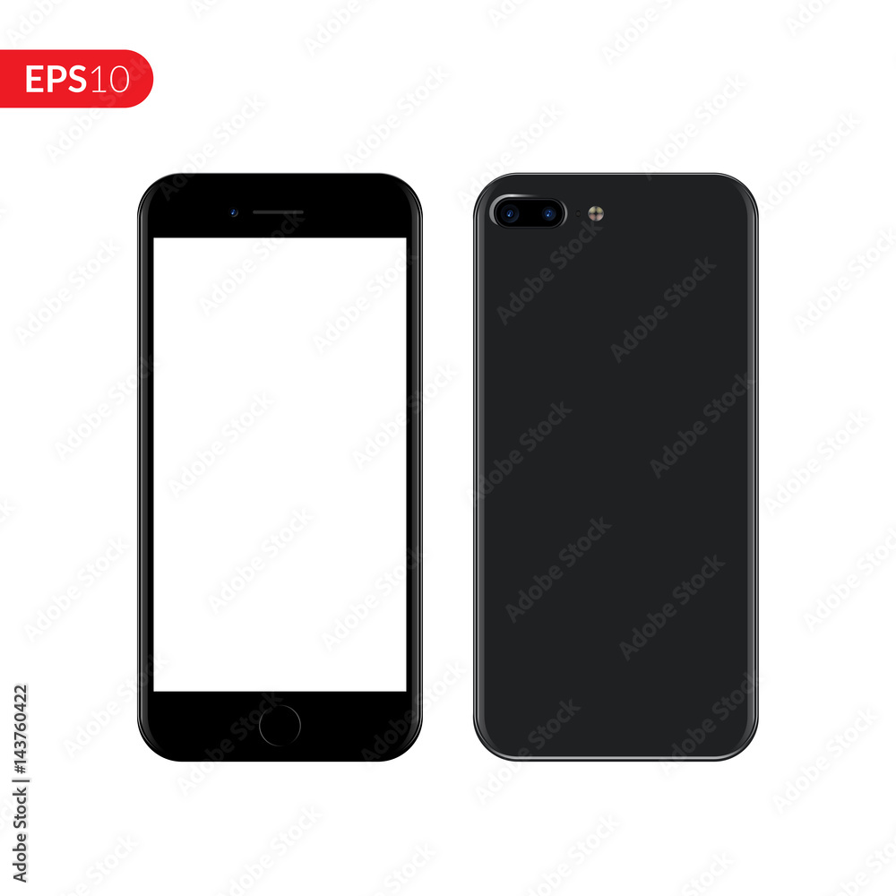 Smartphone, mobile, phone mockup isolated on white background with blank screen. Back and front view realistic vector illustration phone with dark grey color. Smartphone, mobile, phone mockup isolated on white background with blank screen. Back and front view realistic vector illustration phone with dark grey color.