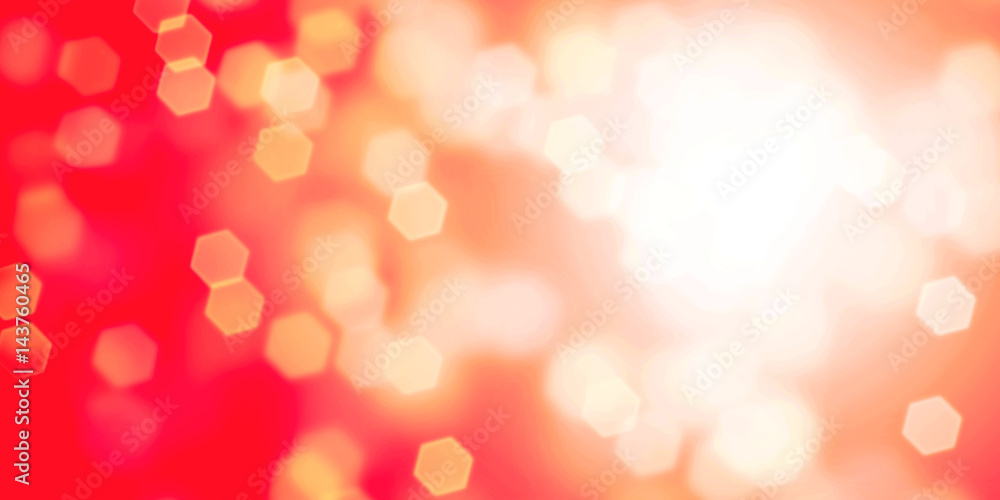 hexagon bokeh effect background banner in shades of red, orange and white
