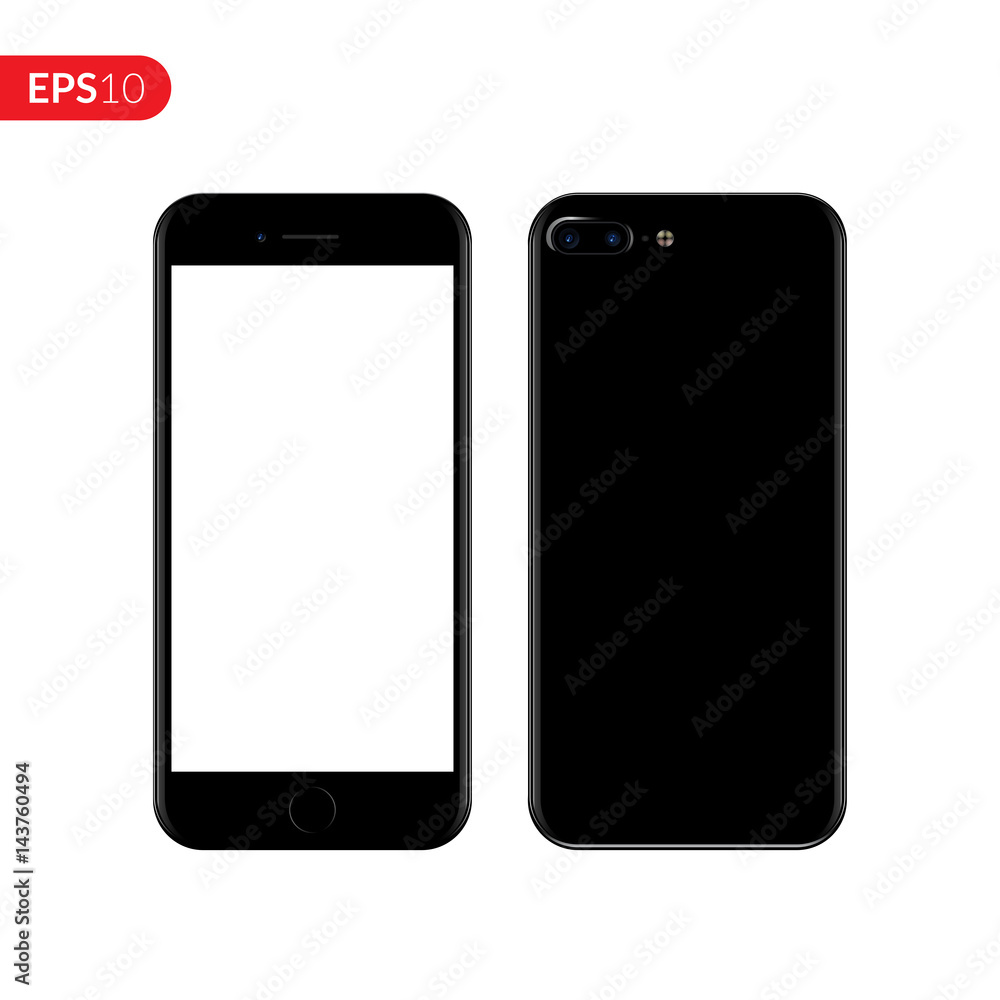 Smartphone, mobile, phone mockup isolated on white background with blank screen. Back and front view realistic vector illustration phone with black color. Smartphone, mobile, phone mockup isolated on white background with blank screen. Back and front view realistic vector illustration phone with black color.