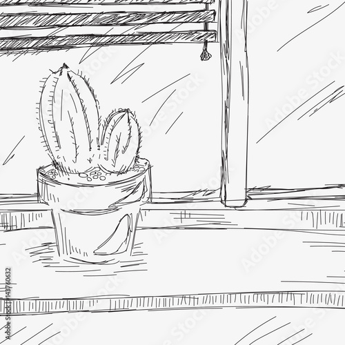 Sketch: cactus on the windowsill with blinds, vector