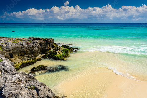 Obraz na płótnie Paradise nature, sand, sea water, rocks, palm tree leaves and summer on the tropical beach. Playa Del Carmen, Riviera Maya, Mexico. w salonie
