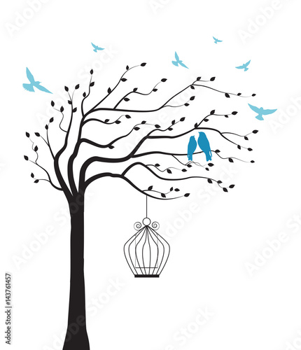 Tree with bird and cage