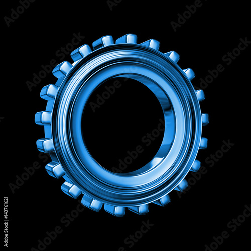 shiny blue gear in front of a black background 