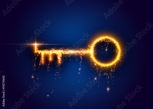 Golden key, from light particles. Vector illustration. photo