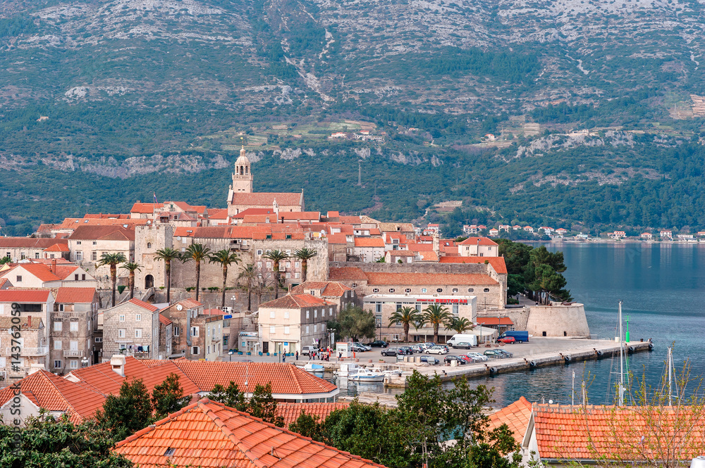 Panoramic view at old town of Korcula on the island of Korcula, Croatia