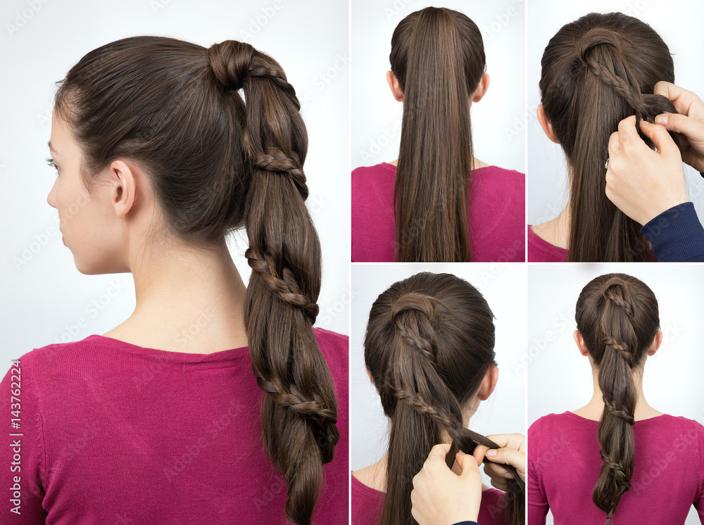 Fototapeta premium braided pony tail hairstyle tutorial